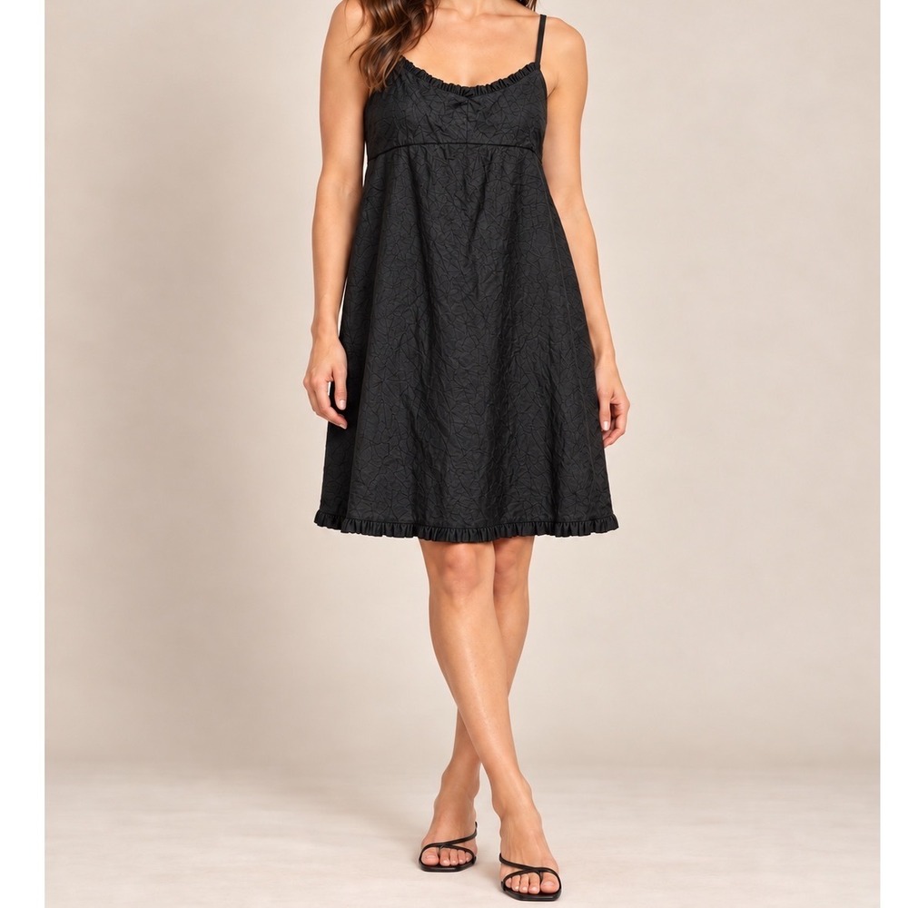 Eileen Fisher Black 100% Silk Crinkle Ruffle Slip Dress XL Babydoll Coquette f5